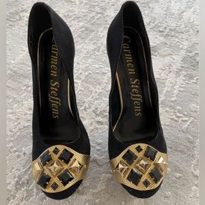 Black Suede 💛 Carmen Steffens Gold platform Detailed Heels